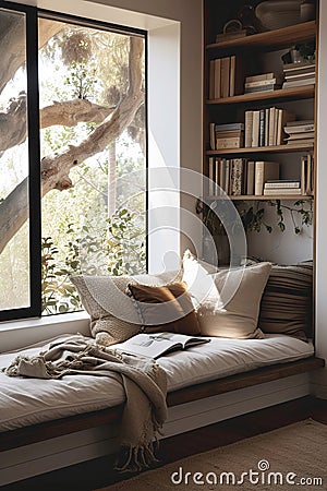 A cozy minimalist reading nook next to a window with natural light. Stock Photo