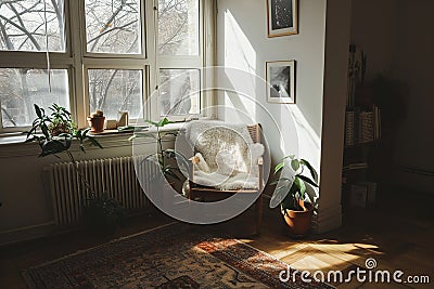 A cozy minimalist reading nook next to a window with natural light. Stock Photo