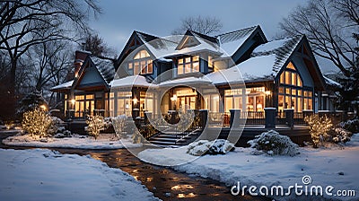 Cozy Modern Suburban Home Aglow with Christmas Lights and Falling Snow Stock Photo