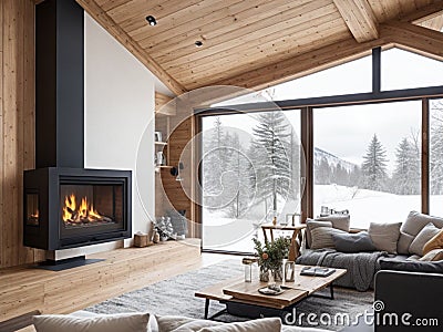 Cozy modern winter living room interior with a modern fireplace in a chalet Stock Photo