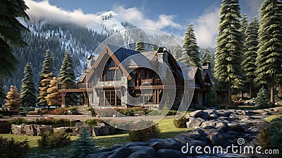 A cozy mountain chalet surrounded by tall evergreen trees. Stock Photo