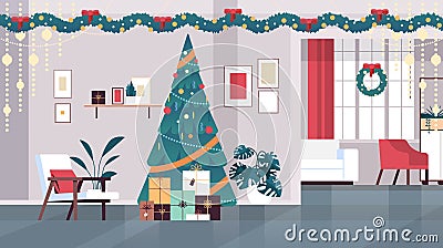 cozy new year holiday decorated living room interior with christmas tree and gifts horizontal Vector Illustration