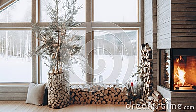 Nordic Christmas concept with a wooden cabin with a view to a winter landscape. Generative AI illustrations Cartoon Illustration