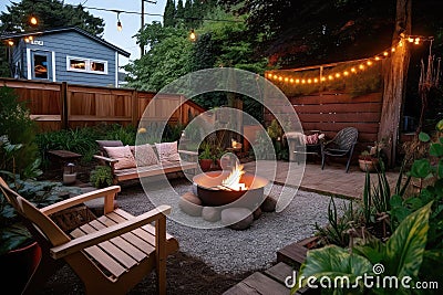 cozy outdoor patio with fire pit, seating and book rack for warm evenings Stock Photo