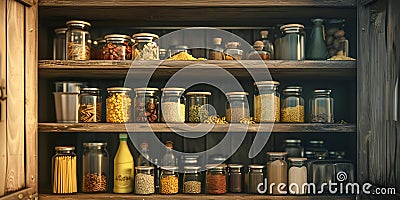 Cozy pantry shelves stocked with various dried goods and preserves. home organization and storage solutions. warm Stock Photo