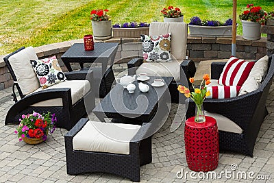 Cozy Patio Furniture on Luxury Outdoor Patio Stock Photo