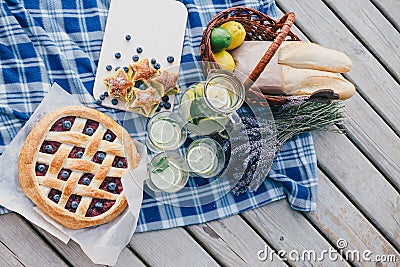 Cozy picnic near lake Stock Photo