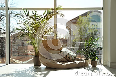 Cozy place with armchair pillow and potted plants Stock Photo