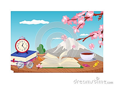 Cozy place fujiyama landscape, reading table place with book stack, japanese tea and sakura tree flat vector Cartoon Illustration