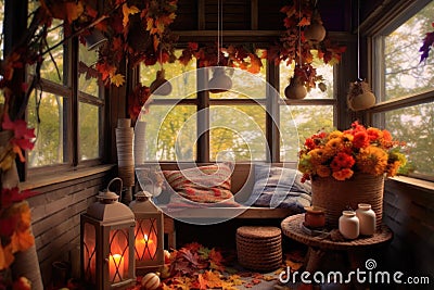 cozy porch corner with colorful autumn wreaths and lanterns Stock Photo