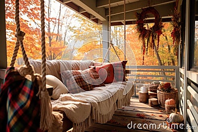 cozy porch swing with plaid blankets and fall wreath Stock Photo