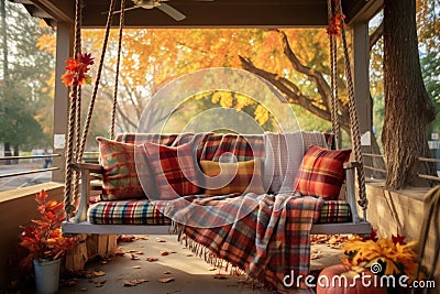 cozy porch swing with plaid blankets and fall wreath Stock Photo