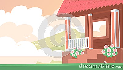 Cozy porch of a wooden country house with lake Vector Illustration