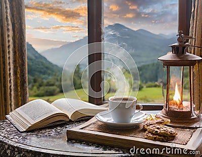cozy reading coffee in a cabin Stock Photo