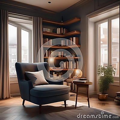 A cozy reading corner with a comfortable armchair, soft lighting, and a curated book collection2 Stock Photo