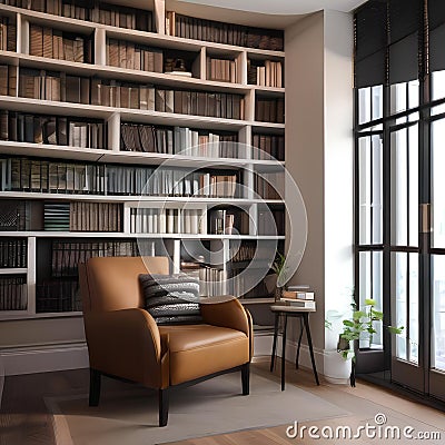 A cozy reading corner with a comfortable armchair, soft lighting, and shelves of beloved books1 Stock Photo