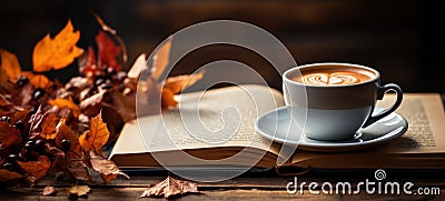 Cozy reading corner with an open book and coffee cup on a wooden table, perfect for relaxation and leisure time Stock Photo