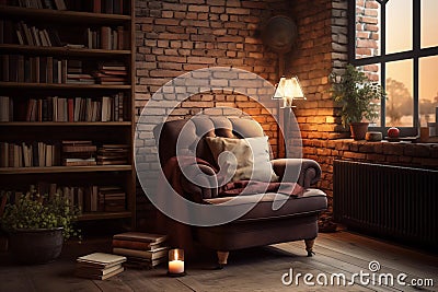 Cozy reading nook with a comfortable armchair and a stack of books. Generative AI Stock Photo