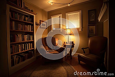 cozy reading nook, with comfy chair, bookshelf and warm lighting Stock Photo