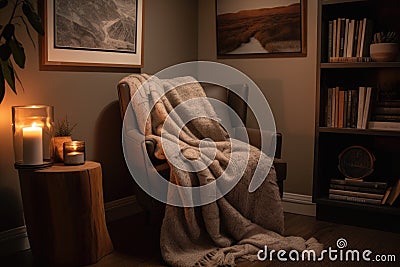 cozy reading nook with cozy armchair and warm blanket for curling up on chilly days Stock Photo