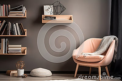 Cozy reading nook with an empty wall and a floating bookshelf with a small stack of books. Generative AI Stock Photo