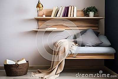 Cozy reading nook with an empty wall and a floating bookshelf with a small stack of books. Generative AI Stock Photo