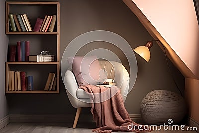 Cozy reading nook with an empty wall and a floating bookshelf with a small stack of books. Generative AI Stock Photo