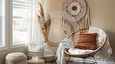 A cozy reading nook is enhanced by a small woven wall hanging with intricate patterns influenced by Native American Stock Photo