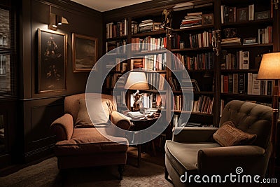 cozy reading nook with plush armchair, stack of books, and warm throw blanket Stock Photo
