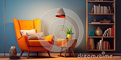 cozy reading nook with a single chair, a floor lamp, and a small bookshelf, highlighting the minimalist approach to Stock Photo