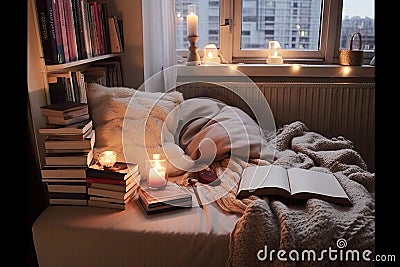 cozy reading nook with soft blankets, cushions, and a good book Stock Photo