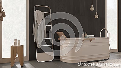 Cozy relaxing bathroom with wooden walls and floor in dark tones, spa style, freestanding bathtub, towel rack, pendant lamps, Stock Photo