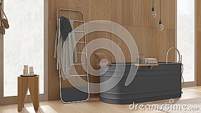 Cozy relaxing bathroom with wooden walls and floor in gray tones, spa style, freestanding bathtub, towel rack, pendant lamps, Stock Photo