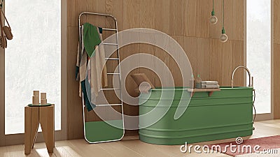 Cozy relaxing bathroom with wooden walls and floor in green tones, spa style, freestanding bathtub, towel rack, pendant lamps, Stock Photo