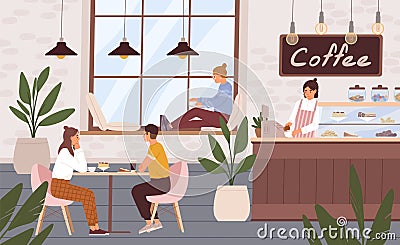 Cozy and relaxing coffee shop interior with people. Barista and customers inside modern cafe. Men and women resting in Vector Illustration