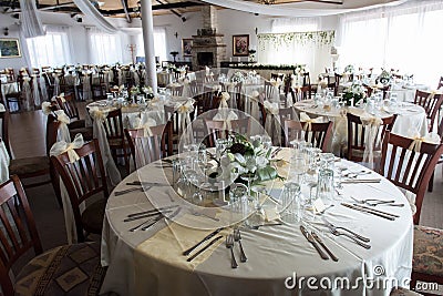 A cozy restaurant, interior in white and brawn Stock Photo