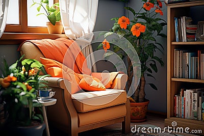 Cozy Retirement Room. Tranquil Spot with Books, Flowers and Comfy Armchair for Relaxation Stock Photo