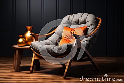 Cozy retreat Armchair, soft pillow, wooden design for comfortable living Stock Photo