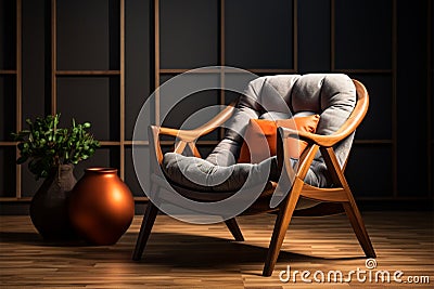 Cozy retreat Armchair, soft pillow, wooden design for comfortable living Stock Photo