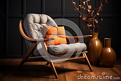Cozy retreat Armchair, soft pillow, wooden design for comfortable living Stock Photo