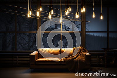 Cozy retreat Dark room adorned with the softness of lamp Stock Photo