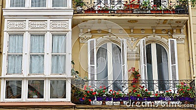 Cozy retro balcony downtown in Bilbao, Basque country, Spain Stock Photo