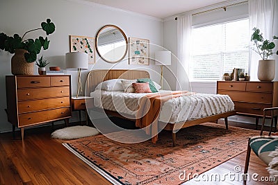 cozy retro bedroom with plush rug and vintage dresser Stock Photo