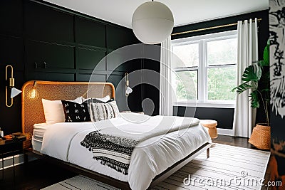 cozy retro bedroom with plush white bedding and black accent wall for a stylish and inviting space Stock Photo