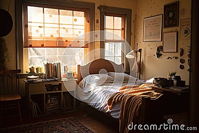 cozy retro room, with sunbeam shining through the window, onto the bed Stock Photo