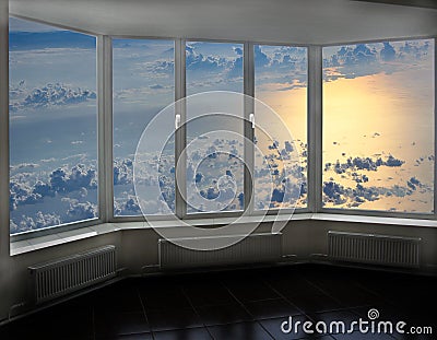 Cozy room overlooking clouds above sea. Landscape with clouds above ocean Stock Photo