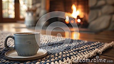 A cozy rug p in front of the fireplace invites guests to kick off their shoes and bask in the warmth while sipping on a Stock Photo