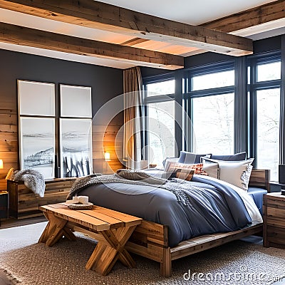 19 A cozy, rustic bedroom with a mix of plaid and solid bedding, a wooden bed frame, and a large, plush area rug1, Generative AI Stock Photo