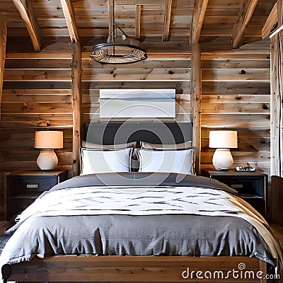 19 A cozy, rustic bedroom with a mix of plaid and solid bedding, a wooden bed frame, and a large, plush area rug4, Generative AI Stock Photo