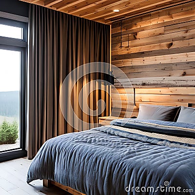19 A cozy, rustic bedroom with a mix of plaid and solid bedding, a wooden bed frame, and a large, plush area rug5, Generative AI Stock Photo